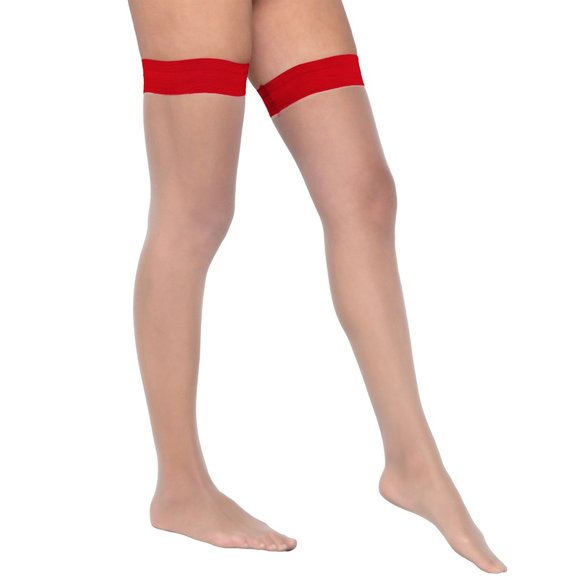 Nude Stockings with Stay Up Colored Top - Red - Picture 1 of 2